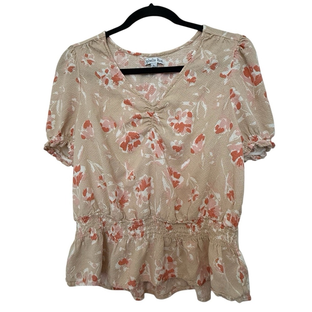 Ophelia Roe Top Beige Pink Floral Peplum Hem Short Sleeve‎ Blouse Women's Large